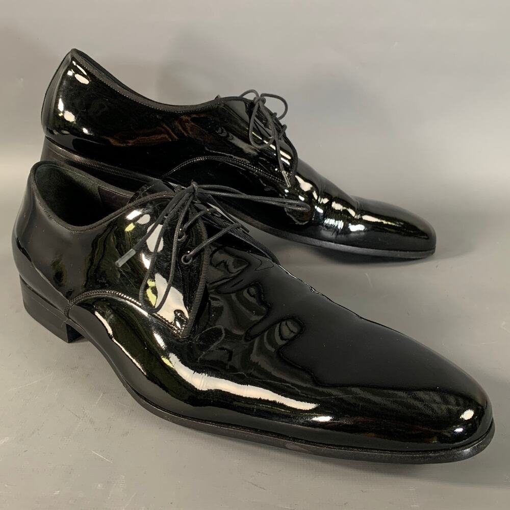 LANVIN Size 11 Black Patent Leather Tuxedo Lace Up Shoes